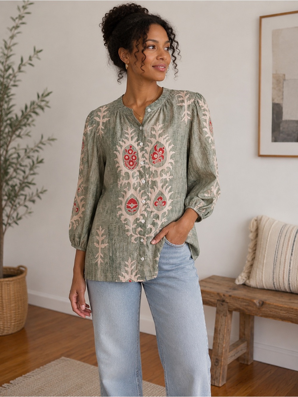 JustFashionNow Olive Green Boho Floral Print Button Front Tunic Top Size Small